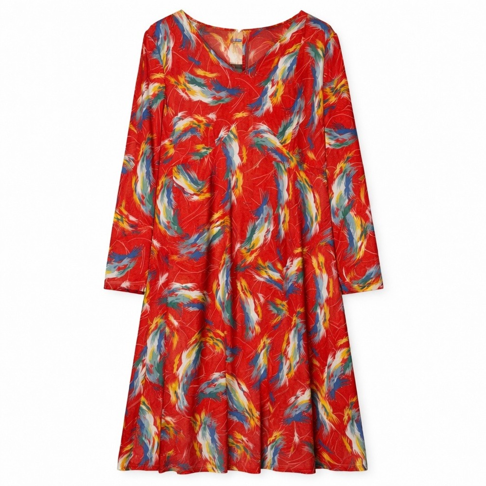 True Vtg 70s Red Abstract Feather Long Sleeve Modest Dress Maximalist‎ Dopamine